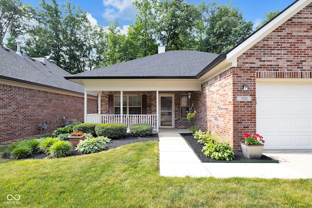 9735 Woodsong Ln, Indianapolis, IN 46229 - view of front of property with brick siding, covered porch, a front lawn, an attached garage, and a chimney