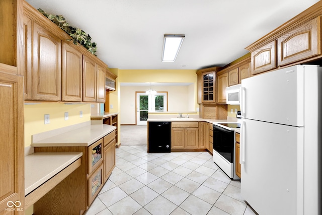 9735 Woodsong Ln, Indianapolis, IN 46229 - kitchen featuring white appliances, glass insert cabinets, light countertops, light tile patterned floors, and a peninsula