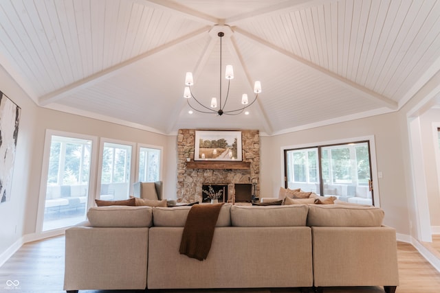 14407 Bryn Mawr Dr, Fishers, IN 46038 - living room with a chandelier, light wood-style flooring, a fireplace, and wood ceiling
