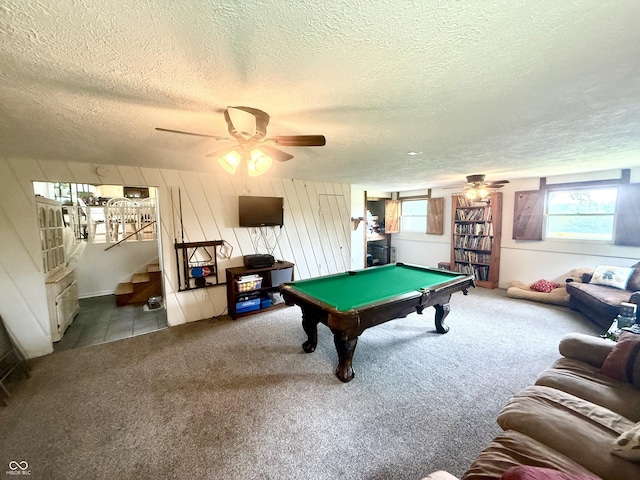 2615 Alexandria Pike, Anderson, IN 46012 - playroom with ceiling fan, a textured ceiling, carpet floors, and billiards table