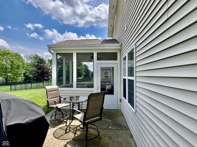 13859 Keams Dr, Fishers, IN 46038 - view of patio featuring a sunroom, grilling area, a ceiling fan, and outdoor dining area
