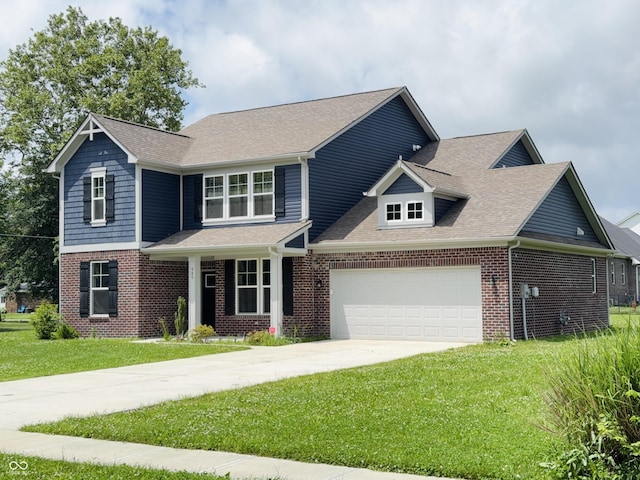 980 S Raylee Garden Dr, New Palestine, IN 46163 - view of front of property with concrete driveway, brick siding, a garage, a front yard, and roof with shingles