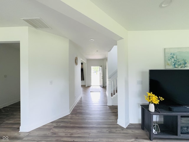 980 S Raylee Garden Dr, New Palestine, IN 46163 - hall with wood finished floors, recessed lighting, and stairway