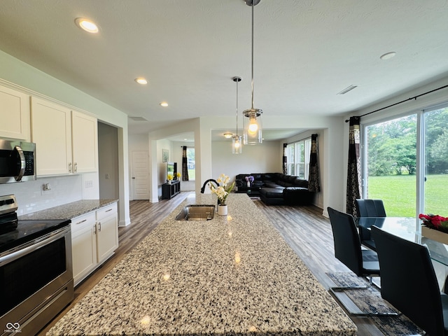 980 S Raylee Garden Dr, New Palestine, IN 46163 - kitchen featuring appliances with stainless steel finishes, plenty of natural light, open floor plan, white cabinets, and recessed lighting