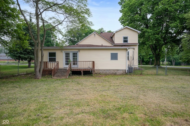 321 W Broad St, Spiceland, IN 47385 - rear view of property with french doors, a wooden deck, and a fenced backyard