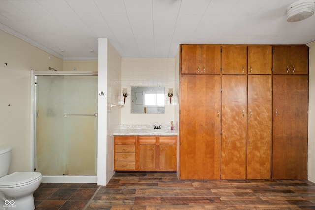 10500 S County Road 200 W, Muncie, IN 47302 - full bathroom with a stall shower, vanity, ornamental molding, and wood finished floors