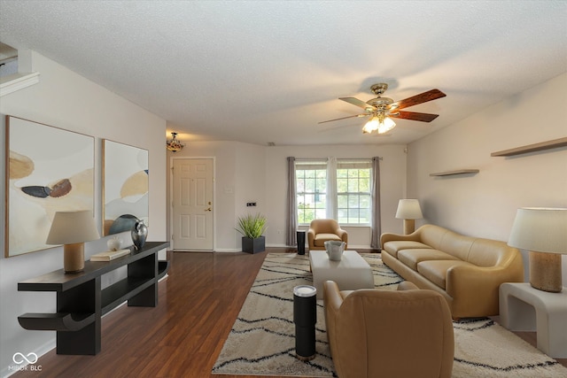 14523 Lee Stewart Ln, Fishers, IN 46038 - living area with dark wood-style floors, a ceiling fan, and a textured ceiling