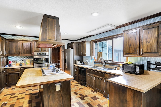 7165 W State Road 252nd Rd W, Edinburgh, IN 46124 - kitchen with butcher block counters, black appliances, dark brown cabinetry, a kitchen breakfast bar, and recessed lighting