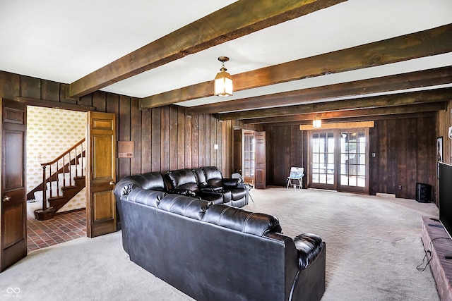 7165 W State Road 252nd Rd W, Edinburgh, IN 46124 - living area featuring wooden walls, light carpet, stairway, and beamed ceiling