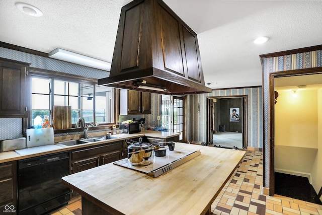 7165 W State Road 252nd Rd W, Edinburgh, IN 46124 - kitchen featuring black dishwasher, wallpapered walls, a textured ceiling, dark brown cabinets, and butcher block countertops