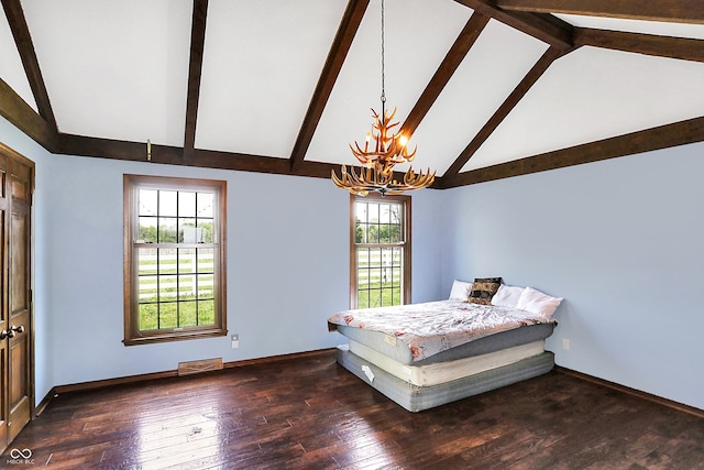 7165 W State Road 252nd Rd W, Edinburgh, IN 46124 - bedroom featuring a chandelier, multiple windows, beam ceiling, hardwood / wood-style floors, and high vaulted ceiling