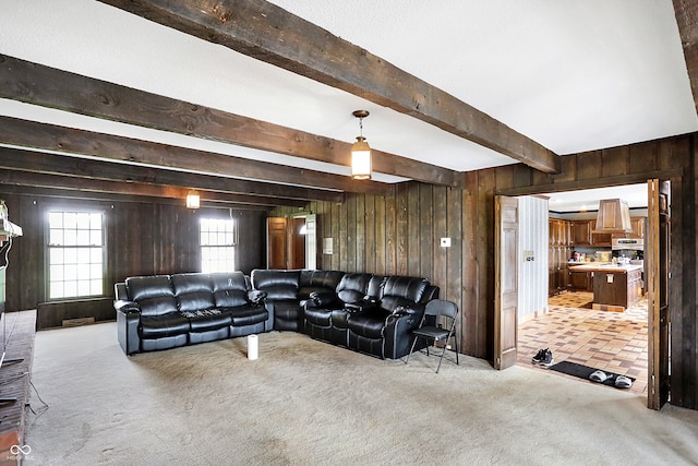 7165 W State Road 252nd Rd W, Edinburgh, IN 46124 - living room featuring wooden walls, beamed ceiling, and light carpet