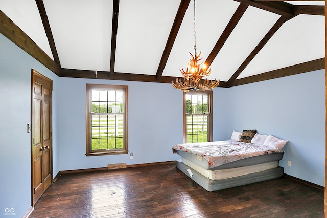 7165 W State Road 252nd Rd W, Edinburgh, IN 46124 - bedroom with a chandelier, multiple windows, beamed ceiling, high vaulted ceiling, and hardwood / wood-style floors