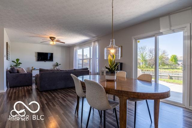 12584 Cold Stream Rd, Noblesville, IN 46060 - dining space with a textured ceiling, a ceiling fan, and dark wood-type flooring
