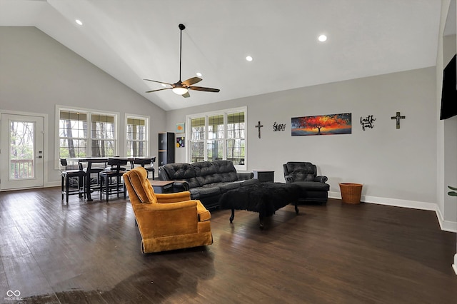 5386 W 1100, Fountaintown, IN 46130 - living room featuring high vaulted ceiling, a ceiling fan, dark wood-type flooring, and recessed lighting