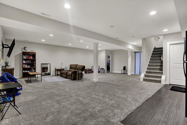 5386 W 1100, Fountaintown, IN 46130 - living area featuring recessed lighting, stairway, and wood finished floors