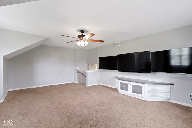 13624 Alston Dr, Fishers, IN 46037 - unfurnished living room with carpet, a ceiling fan, and vaulted ceiling
