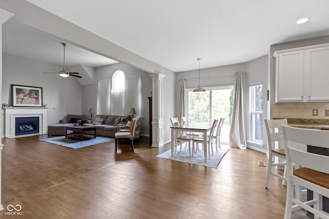 13624 Alston Dr, Fishers, IN 46037 - living area with a fireplace, a ceiling fan, and wood finished floors