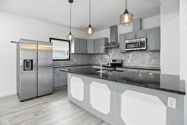 3210 Hovey St, Indianapolis, IN 46218 - kitchen featuring stainless steel appliances, wall chimney exhaust hood, and gray cabinets