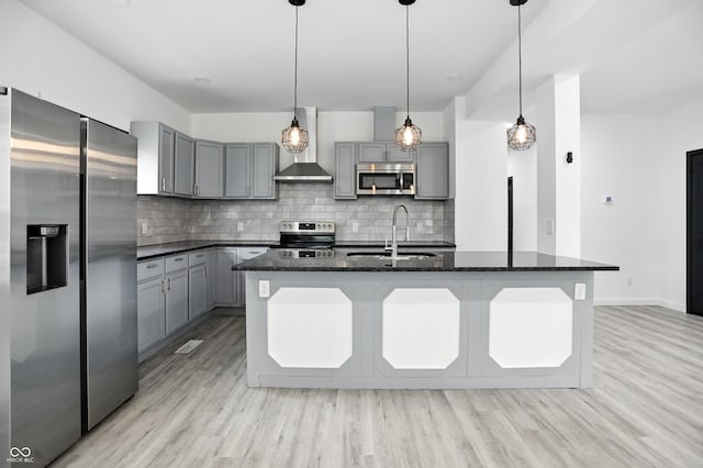 3210 Hovey St, Indianapolis, IN 46218 - kitchen featuring stainless steel appliances, gray cabinets, wall chimney range hood, and tasteful backsplash