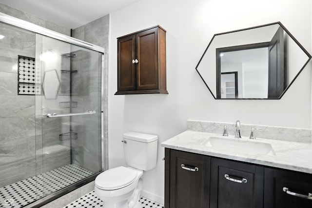 3210 Hovey St, Indianapolis, IN 46218 - bathroom with vanity, a stall shower, and tile patterned floors