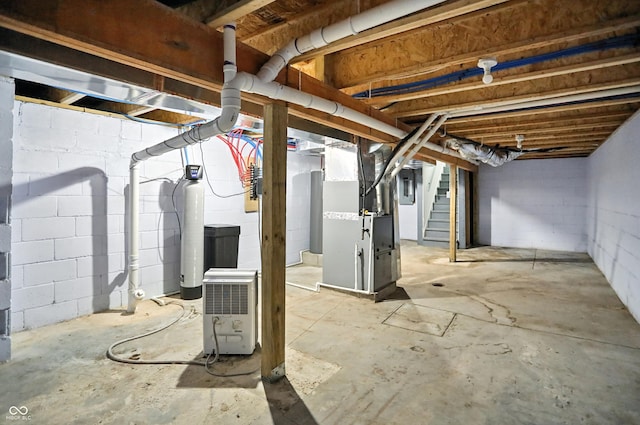 3210 Hovey St, Indianapolis, IN 46218 - unfinished basement with heating unit, stairway, and electric panel