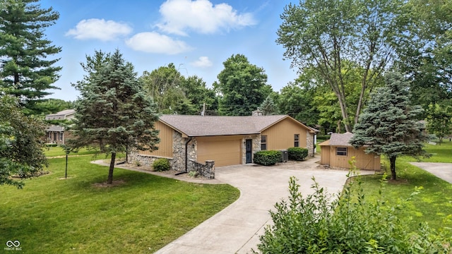 5982 Oak Hill E Dr, Plainfield, IN 46168 - view of front of house with stone siding, concrete driveway, a front yard, a garage, and a chimney