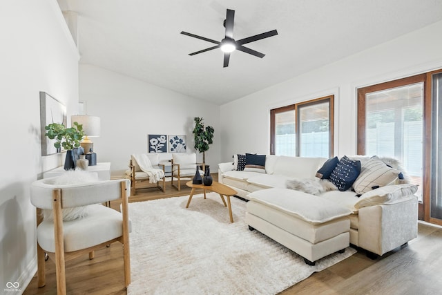 5982 Oak Hill E Dr, Plainfield, IN 46168 - living room with lofted ceiling, wood finished floors, and ceiling fan