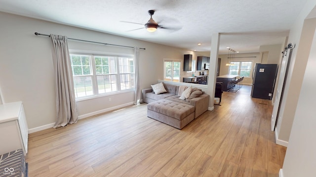 9831 Deering St, Fishers, IN 46037 - living room with light wood-style floors, ceiling fan, and a textured ceiling