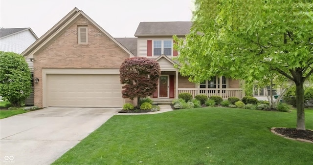 9831 Deering St, Fishers, IN 46037 - view of front of property featuring brick siding, concrete driveway, a front lawn, and a porch