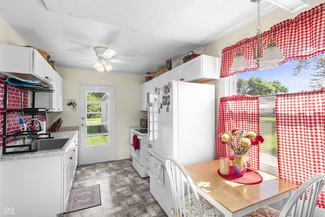 206 Allen Ln, Greenfield, IN 46140 - kitchen featuring white appliances, a ceiling fan, white cabinets, and light countertops