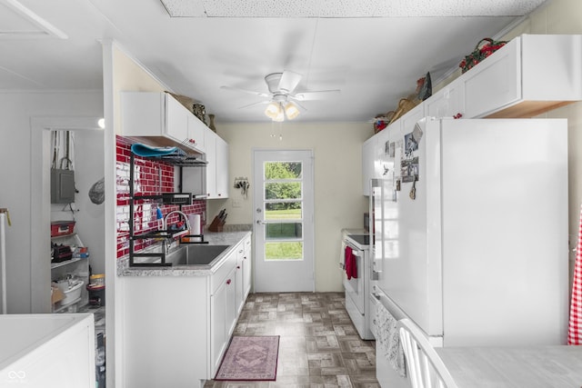 206 Allen Ln, Greenfield, IN 46140 - kitchen featuring white appliances, a ceiling fan, and white cabinetry