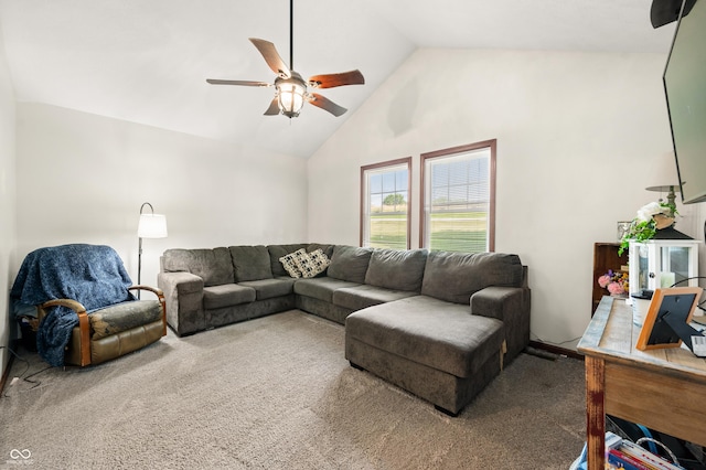 155 Hoover Dr, Princes Lakes, IN 46164 - living area featuring ceiling fan, carpet, and high vaulted ceiling