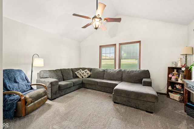155 Hoover Dr, Princes Lakes, IN 46164 - living area with carpet flooring, ceiling fan, and high vaulted ceiling