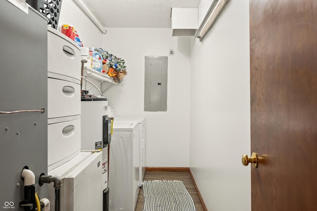 155 Hoover Dr, Princes Lakes, IN 46164 - laundry area with electric panel, washing machine and dryer, dark wood finished floors, and electric water heater