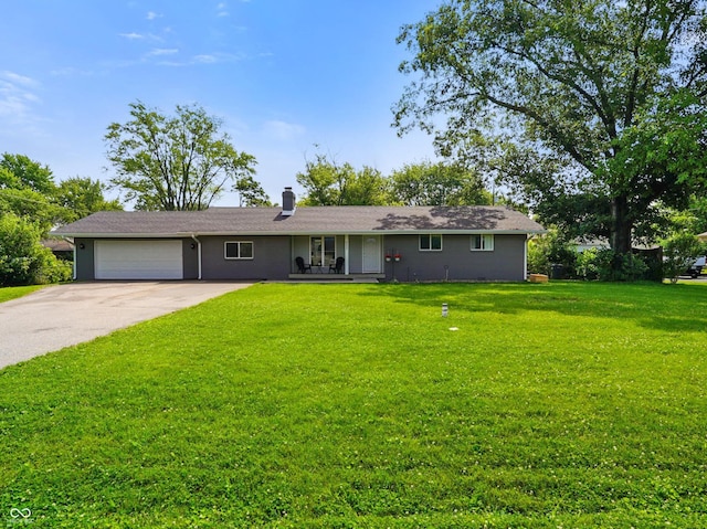 8025 Meadow Ln, Indianapolis, IN 46227 - single story home with an attached garage, a front yard, concrete driveway, a chimney, and covered porch