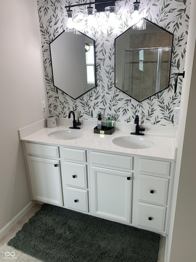 7270 W Stone Pass, New Palestine, IN 46163 - bathroom with wallpapered walls, double vanity, and a shower stall
