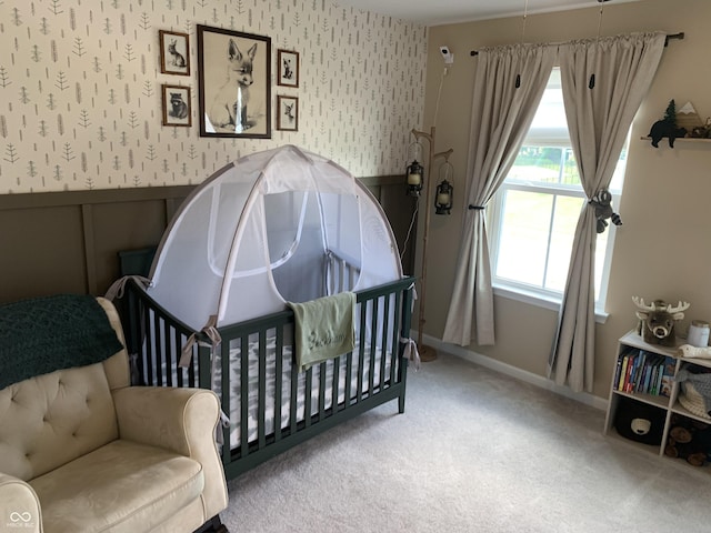 7270 W Stone Pass, New Palestine, IN 46163 - bedroom with carpet, wallpapered walls, and a wainscoted wall