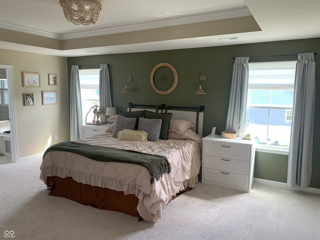 7270 W Stone Pass, New Palestine, IN 46163 - bedroom with light colored carpet, ornamental molding, and a chandelier