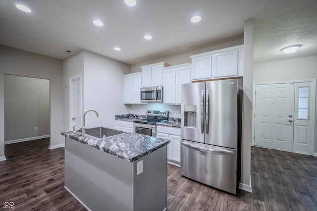1336 Danielle Rd, Lebanon, IN 46052 - kitchen featuring stainless steel appliances, dark wood finished floors, white cabinetry, dark stone countertops, and recessed lighting