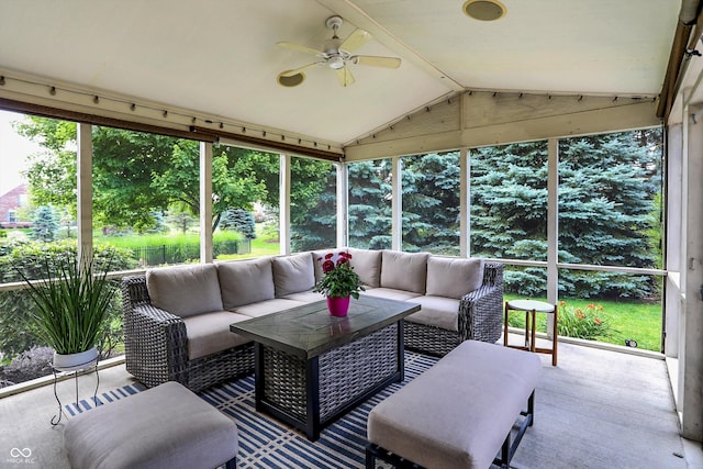 10587 Proposal Pointe Way, Fishers, IN 46040 - sunroom featuring an outdoor living space, lofted ceiling, and a ceiling fan