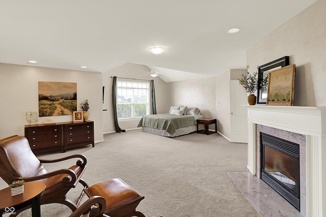 10587 Proposal Pointe Way, Fishers, IN 46040 - bedroom with carpet, a premium fireplace, ceiling fan, vaulted ceiling, and recessed lighting