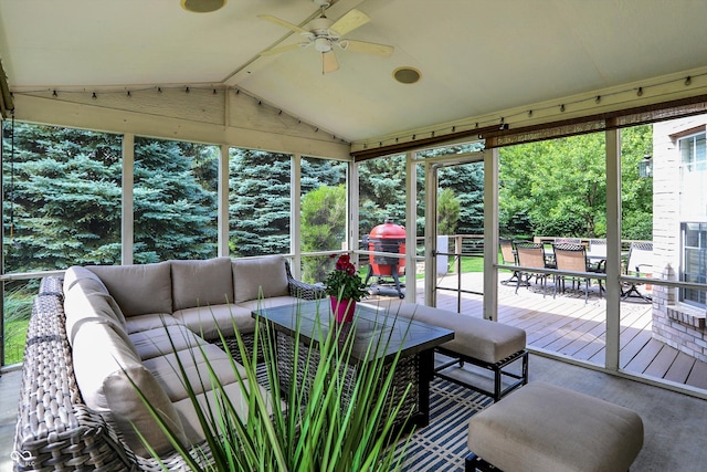 10587 Proposal Pointe Way, Fishers, IN 46040 - sunroom / solarium featuring outdoor dining space, outdoor lounge area, a ceiling fan, and vaulted ceiling