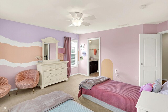 10587 Proposal Pointe Way, Fishers, IN 46040 - bedroom with light carpet, ceiling fan, and connected bathroom