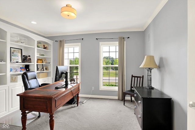10587 Proposal Pointe Way, Fishers, IN 46040 - office with ornamental molding, light carpet, and built in shelves