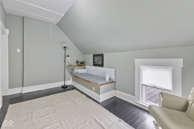 211 N County Line Rd, In, IN 47272 - bedroom featuring attic access, dark wood finished floors, and lofted ceiling