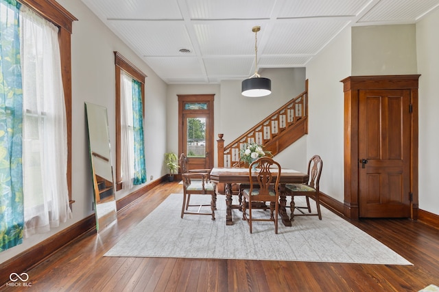 211 N County Line Rd, In, IN 47272 - dining room with stairway, dark wood finished floors, and coffered ceiling