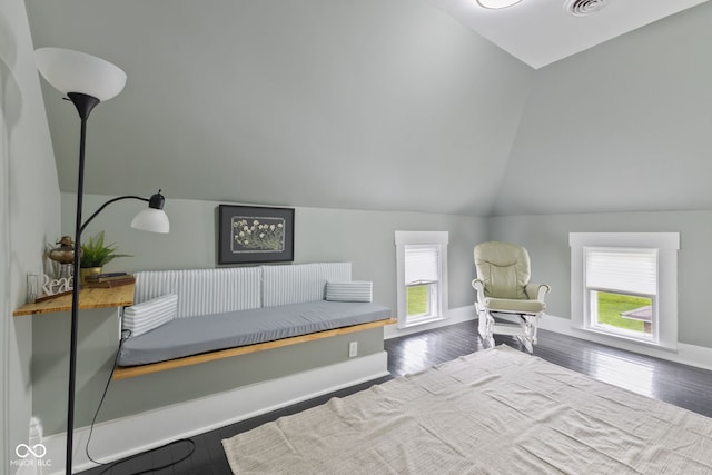 211 N County Line Rd, In, IN 47272 - bedroom featuring vaulted ceiling, multiple windows, and wood finished floors