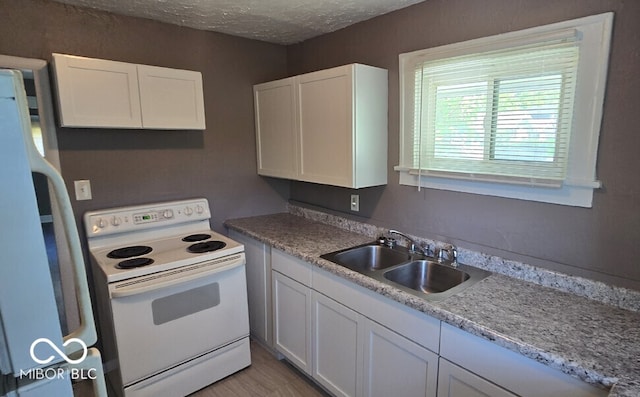 1521 N Tacoma Ave, Indianapolis, IN 46201 - kitchen featuring white appliances, white cabinets, a textured ceiling, and light countertops