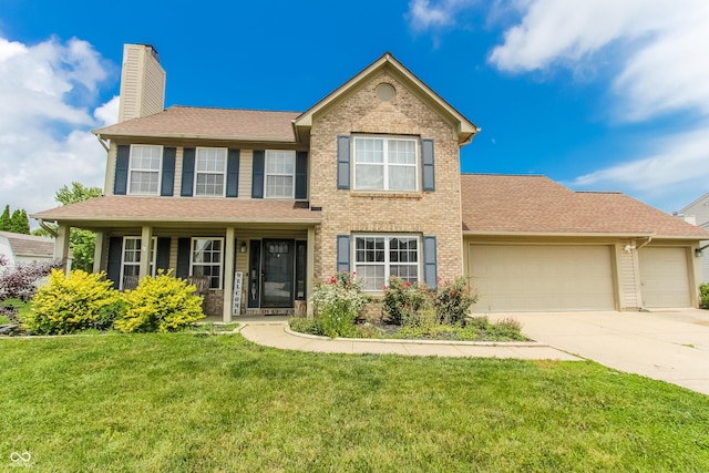 7710 Samuel Dr, Indianapolis, IN 46259 - view of front facade with a garage, driveway, a chimney, a front yard, and a shingled roof